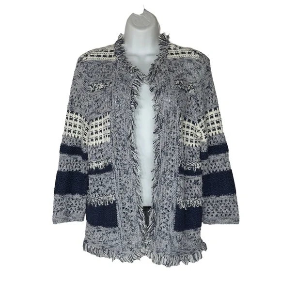 Chicos Blue White Textured Knit Fringe Boho Cottagecore Cardigan Small - Picture 2 of 13